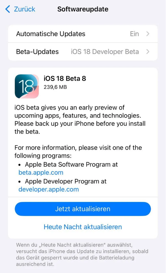 广德苹果手机维修分享苹果 iOS / iPadOS 18 开发者预览版 Beta 8 发布 